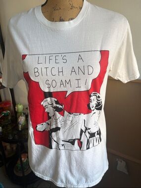 Graphic White Tee with Red & Black Retro Comic Print